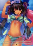  bikini black_hair blush breasts calendar crease diving_mask fang front-tie_top goggles hair_ribbon highres innertube kiba_satoshi long_hair navel open_clothes open_mouth open_shirt original red_eyes ribbon scan scan_artifacts shirt side-tie_bikini solo striped striped_bikini striped_swimsuit swimsuit tan tanline twintails wink 