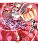 blonde_hair chain chains clenched_hand cuffs danmaku horn horns hoshiguma_yuugi katahira_masashi long_hair red_eyes sakazuki sake skirt solo touhou