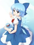  1girl barefoot blue_eyes blue_hair cirno dress food gradient gradient_background highres ice_cream indian_style kakileaf looking_at_viewer looking_over_shoulder open_hand short_hair sitting solo touhou wings 
