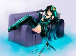  1girl akiyama_mio black_hair black_legwear blue_legwear bottom_touching_surface couch curve_of_ass don&#039;t_say_&quot;lazy&quot; elbow_gloves feet gloves hair_ribbon highres k-on! legs long_hair long_legs microphone microphone_stand mikami_mika mismatched_legwear no_shoes ribbon shiny solo striped striped_legwear thighhighs thighs zettai_ryouiki 
