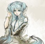  blue_eyes blue_hair bracelet c_kago dress frills hatsune_miku jewelry long_hair smile solo twintails very_long_hair victorian vocaloid 