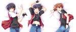  bed black_hair brown_hair dakimakura fingerless_gloves gloves highres lying male mao_(core) midriff multiple_persona navel pokemon pokemon_(game) pokemon_special red_(pokemon) red_(pokemon)_(classic) red_(pokemon)_(remake) red_eyes 