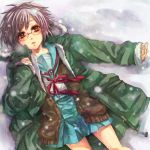  brown_eyes brown_hair cardigan coat glasses lying nagato_yuki nagato_yuki_(shoushitsu) school_uniform snow suzumiya_haruhi_no_shoushitsu suzumiya_haruhi_no_yuuutsu 