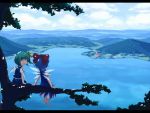  ^_^ arm_support back barefoot cirno closed_eyes daiyousei from_behind gensoukyou happy in_tree lake landscape letterboxed misty_lake multiple_girls no_nose scarlet_devil_mansion scenery sitting sitting_in_tree touhou tree tsuyuki wallpaper wings 
