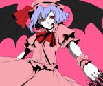  bat_wings blood chikushou_desu hat hat_ribbon outstretched_arm outstretched_hand pale_skin pink purple_hair red_eyes remilia_scarlet ribbon short_hair short_sleeves simple_background smile solo tongue touhou wings wrist_cuffs 
