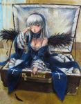  breasts cleavage dress frills hairband highres oil_painting_(medium) red_eyes rozen_maiden silver_hair sleepy solo strap_slip suigintou tafuto traditional_media wings wink yawning 