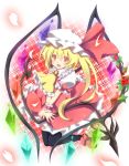  1girl black_legwear blonde_hair fang flandre_scarlet flower hat heart heart_wings kurono_yuzuko laevatein long_hair looking_at_viewer open_mouth plaid plaid_background red_eyes rose side_ponytail solo thighhighs touhou v_arms wings wrist_cuffs yuuko_(pixiv) 