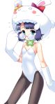  @_@ aida_takanobu animal_ears animal_hat anyamal_tantei_kirumin_zoo bad_id bangs bare_shoulders black_legwear blue_eyes blue_hair blunt_bangs blush blush_stickers bow bunny bunny_ears bunny_tail bunnysuit choker clover coke-bottle_glasses embarrassed flat_chest four-leaf_clover glasses hat leotard looking_at_viewer mikogami_rimu o_o open_mouth pantyhose parted_bangs paws pince-nez rabbit_ears ribbon scrunchie short_hair simple_background solo standing sweat sweatdrop tail 
