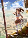  beek blue_eyes boots brown_hair cityscape cloud clouds goggles goggles_on_head highres legs looking_back original ponytail pouch scenery shorts single_glove sky smile solo thigh-highs thighhighs 