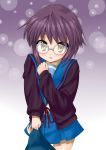  cardigan glasses grey_hair nagato_yuki nagato_yuki_(shoushitsu) nurie school_uniform suzumiya_haruhi_no_shoushitsu suzumiya_haruhi_no_yuuutsu tug 