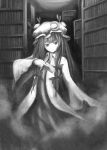  1girl bangs book bookshelf card crescent crescent_moon dark eruza fog hair_ribbon hat highres holding holding_card library long_hair monochrome patchouli_knowledge ribbon solo standing touhou voile wide_sleeves 