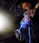  belt earrings elf guitar highres instrument jeans jewelry midriff necklace orange_hair original pointy_ears short_hair solo tattoo tunnel 