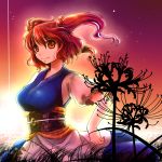  breasts flower hair_bobbles hair_ornament large_breasts onozuka_komachi red_eyes red_hair redhead short_hair smile socha solo sunset touhou twilight twintails 