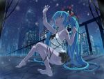  anklet aqua_eyes aqua_hair barefoot beek cityscape feet hatsune_miku jewelry legs long_hair night sitting skirt snow soles solo toes twintails unfragment_(vocaloid) very_long_hair vocaloid 