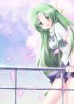  cherry_blossoms green_eyes green_hair higurashi_no_naku_koro_ni long_hair petals railing sonozaki_shion 