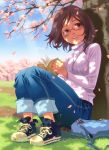  brown_eyes brown_hair cherry_blossoms face glasses jeans no_socks original pairan shoes sitting smile sneakers solo sweater tree turtleneck 