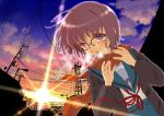  brown_hair cardigan glasses nagato_yuki nagato_yuki_(shoushitsu) power_lines scarf school_uniform short_hair sunrise suzumiya_haruhi_no_shoushitsu suzumiya_haruhi_no_yuuutsu yamino_kenji 