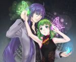  1boy 1girl blue_eyes butterfly_wings china_dress chinese_clothes couple green_eyes green_hair gumi headphones hetero kamui_gakupo long_hair magnet_(vocaloid) ohse purple_hair short_hair vocaloid wings 