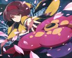  1girl blush_stickers cherry_blossoms erika_(pokemon) hairband hidaka japanese_clothes kimono petals pokemon pokemon_(creature) short_hair vileplume yellow_eyes 