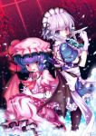  abyss_of_parliament bat_wings blue_eyes braid gloves hat highres izayoi_sakuya knife maid maid_headdress multiple_girls north_abyssor pantyhose purple_hair red_eyes remilia_scarlet short_hair silver_hair touhou twin_braids wings 