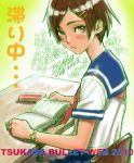  desk hair_ornament hairclip school_uniform serafuku short_hair sitting tsukasa_jun watch wristwatch 