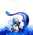  1girl ai2 akezu blue_hair child closed_eyes dress hug mewtwo petals pokemon pokemon_(anime) pokemon_(creature) sandals sitting smile tail water 