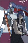    1boy 1girl ass blue_eyes blue_hair boots eu03 fire_emblem fire_emblem:_kakusei gloves knee_boots krom long_hair lucina rough sheath sheathed short_hair shoulder_pads sleeveless sword tattoo uniform weapon work_in_progress 