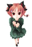  1girl :&lt; absurdres animal_ears bow braid cat_ears clenched_hands dress fish foreshortening hair_bow hair_ornament hairclip hari_(project_railgun) highres juliet_sleeves kaenbyou_rin leg_ribbon long_sleeves looking_at_viewer puffy_sleeves red_eyes redhead short_hair solo touhou twin_braids 