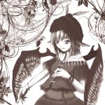  eruza fingernails flower hat jewelry leaf long_fingernails long_nails monochrome mystia_lorelei nails open_mouth outstretched_hand short_hair short_sleeves solo touhou wings 