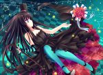  1girl akiyama_mio black_hair blue_legwear bouquet cane checkered don&#039;t_say_&quot;lazy&quot; don&#039;t_say_lazy dress fingerless_gloves flower gloves hat k-on! lilith_(lilithchan) long_hair mini_top_hat musical_note pantyhose purple_eyes solo star top_hat turquoise_pantyhose violet_eyes 