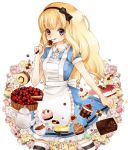  alice_(wonderland) alice_in_wonderland apron blonde_hair cake checkerboard_cookie chocolate coffee cookie cup curly_hair dress flower food fork frills fruit hairband katou_sami long_hair macaron mont_blanc_(food) pastry purple_eyes ribbon rose short_sleeves solo strawberry striped striped_legwear striped_thighhighs thigh-highs thighhighs tongue violet_eyes 
