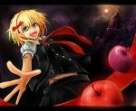  australia.exe blonde_hair blue_eyes cross fangs food fruit hair_ribbon highres ribbon rumia short_hair tattoo touhou 