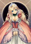  arcana blonde_hair blue_eyes blush breast_squeeze breasts clalaclan_philias cleavage dress frills harp_(arcana) head_tilt highres large_breasts leaning_forward long_hair shining_wind smile solo taka_tony tiara very_long_hair 