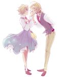  bag beard blonde_hair blue_eyes closed_eyes eyes_closed facial_hair france_(hetalia) hand_kiss highres jeanne_d&#039;arc_(hetalia) jeanne_d'arc_(hetalia) kiss long_hair necktie ribbon shivue short_hair simple_background skirt smile vest 