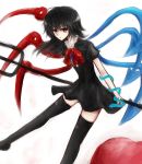  apple asymmetrical_wings bad_id black_hair black_legwear dress food fruit houjuu_nue kiyonaka_rei long_hair polearm red_eyes snake solo spear thigh-highs thighhighs touhou trident weapon wings 