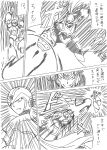  arm_cannon battle capcom check_translation clenched_teeth comic evil_grin evil_smile grin helmet jumping long_hair monochrome open_mouth rockman rockman_x shouji_2 smile speed_lines spoilers standing translation_request very_long_hair weapon x x_(rockman) zero_(rockman) 