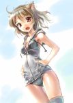  brown_eyes brown_hair cat_ears fang fangs hands_in_pockets hands_on_hips hoodie katahira_masashi looking_at_viewer one-piece_swimsuit open_mouth original parka short_hair sketch smile solo swimsuit zipper 