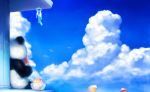  bird bowl cloud copyright_request kid_(artist) no_humans panda popsicle seagull shaved_ice signature sitting sky spoon wind_chime 