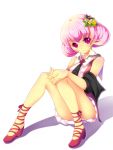  bare_shoulders cross-laced_footwear flower hair_flower hair_ornament hands_clasped koflif original panties pantyshot pantyshot_(sitting) pantyshot_sitting pink_eyes pink_hair shadow short_hair simple_background sitting skirt solo underwear 