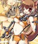  animal_ears blazblue breasts brown_hair dual_wielding gloves makoto_nanaya midriff multicolored_hair navel open_mouth red_eyes short_hair skirt smile solo squirrel_ears squirrel_tail tail thighhighs tonfa two-tone_hair under_boob underboob weapon white_hair wink yoroi_nau zoom_layer 