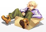  blonde_hair blue_eyes boots box boy_in_a_box cardboard_box dpzkzl in_box in_container ivan_karelin jacket male short_hair simple_background sitting solo tiger_&amp;_bunny 