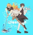  1girl ahoge alternate_costume aqua_background black_hair blonde_hair cleaning_brush corset cup dress enmaided fishnets jude_mathis maid maid_headdress milla_maxwell red_eyes sinaooo sparkle tales_of_(series) tales_of_xillia tea teacup thighhighs water 