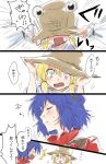  /\/\/\ 2girls blonde_hair blue_eyes blue_hair blush bust closed_eyes comic hat moriya_suwako multiple_girls open_mouth payot short_hair smile touhou translation_request unya yasaka_kanako 