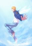  blonde_hair blue_jacket bomber_jacket changye closed_eyes eyes_closed flying jacket jeans keith_goodman male outstretched_arms sky solo tiger_&amp;_bunny wings 