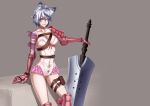  animal_ears armor bandage bandages belt bow breasts cleavage collarbone colored_eyelashes fantasy_earth_zero frills gauntlets grey_hair highres huge_weapon pink_eyes short_hair solo sword thigh_strap weapon yuuten 