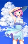  aqua_eyes armpits bob_cut breasts cloud collarbone dress hat highres holding holding_hat momore_(peaches) open_mouth original pink_hair short_hair sky smile solo straw_hat sundress wind wink 