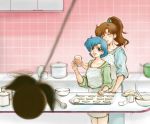  apron bishoujo_senshi_sailor_moon blue_hair brown_hair cookie egg food glass hair_bobbles hair_ornament kino_makoto kitchen long_hair mizuno_ami multiple_girls otsukimi_(artist) ponytail short_hair sleeves_rolled_up smile yuri 