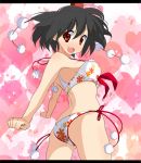  armpits bad_id bikini black_hair colored face fruits_punch hands hat letterboxed looking_back mahan red_eyes shameimaru_aya short_hair side-tie_bikini smile solo swimsuit tokin_hat touhou 