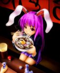  animal_ears blush bowl bunny_ears chopsticks eating food_stand inaba_tewi long_hair pun purple_hair red_eyes reisen_udongein_inaba ringed_eyes sake sitting solo touhou tsuan udon 