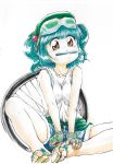  absurdres butterfly_sitting casual fingerless_gloves gloves goggles hands_on_feet highres indian_style kawashiro_nitori mouth_hold pencil sandals shorts simple_background sitting solo stufquin tire toes touhou 